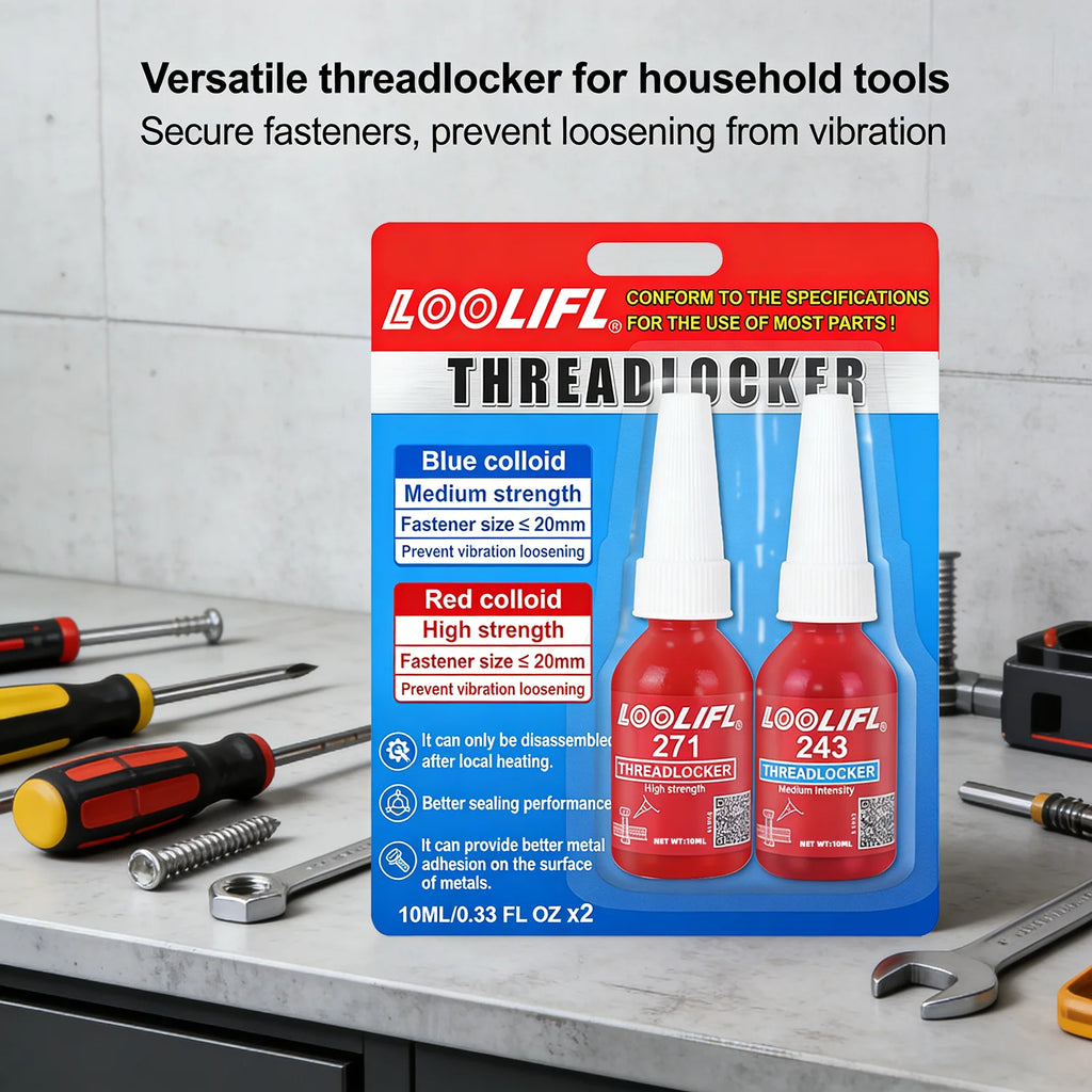 LOOLIFL 243 Medium 271 High Strength 10ml*2, Blue Red Thread Locking Adhesive for Metal Bolts Vibration Resistant Thread Sealant