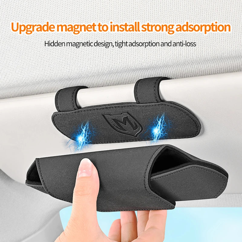 High-end Leather Car Magnetic Glasses Case Sun Visor Sunglasses Bag One-Hand  Glasses Holder for Most Car Interior Accessories