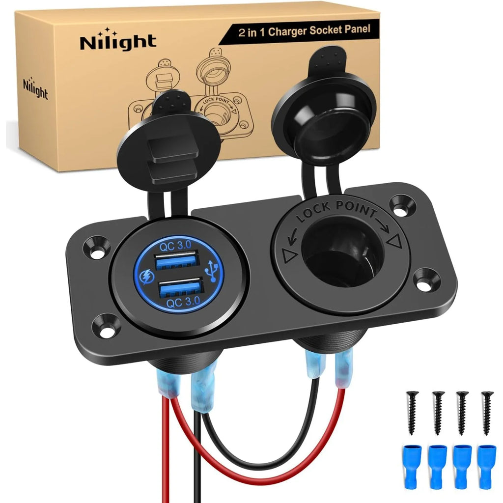 Nilight QC 3.0 Dual USB Charger and Cigarette Lighter Socket Pre-Wired 12V-24V with Cigar Power for Cars Trucks