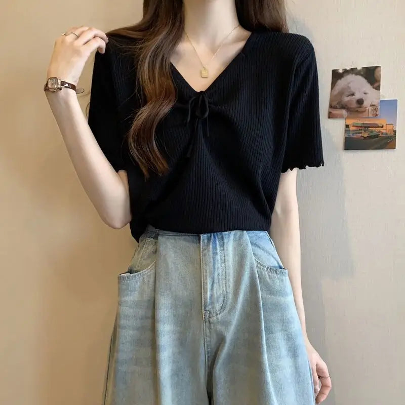 Plus-size women's spring and summer new pure color slimming and age-reducing rope-tied ribbed short-sleeve T-shirt
