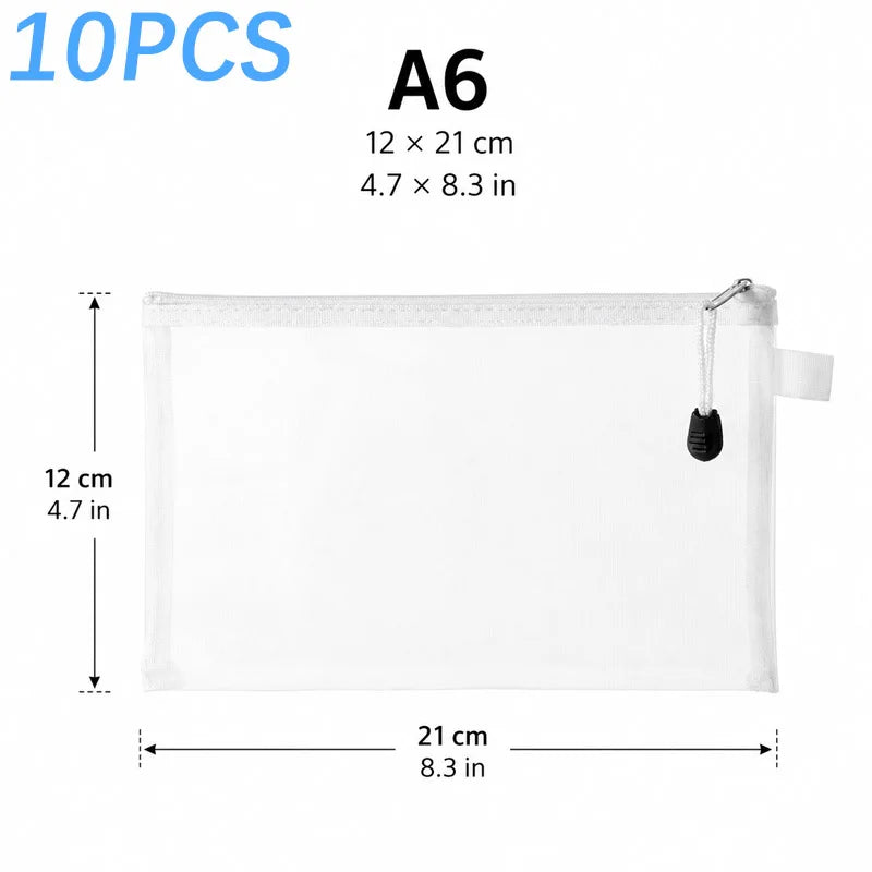 10PCS Storage Bag Miscellaneous Organizer A4 A5 A6 Mesh Zipper Pouch Waterproof Children Zipper Transparent Finishing Storage