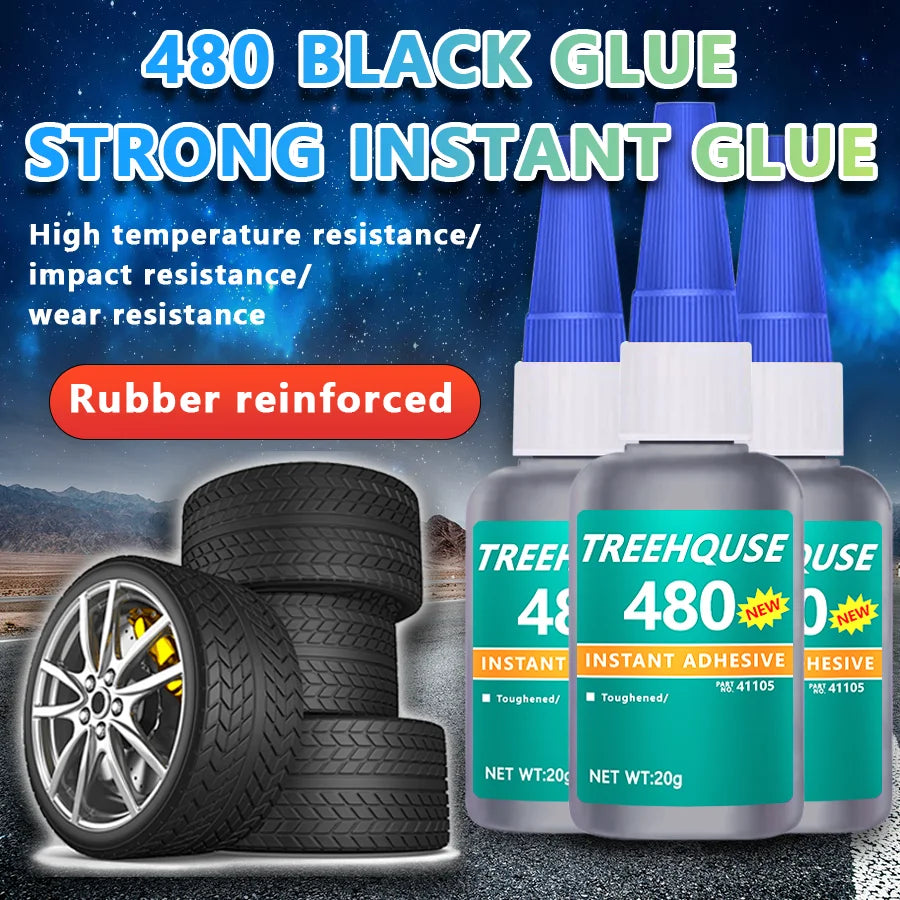 480 Black Rubber Repair Glue 20g, Super Strong Waterproof Quick-Drying Adhesive for Tire, Speaker, Plastic, Metal & Stone