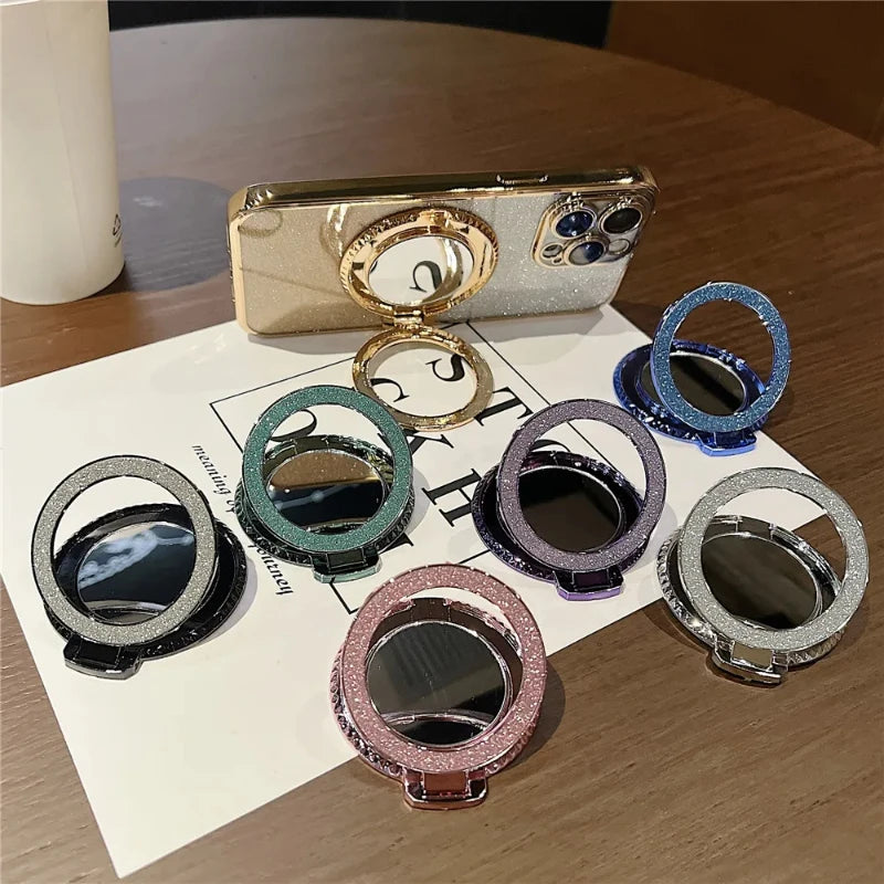 Luxury Diamond Patterned Magnetic Back Sticker 360° Rotating Mirror Magnetic Phone Holder Suitable for Various Phone Models
