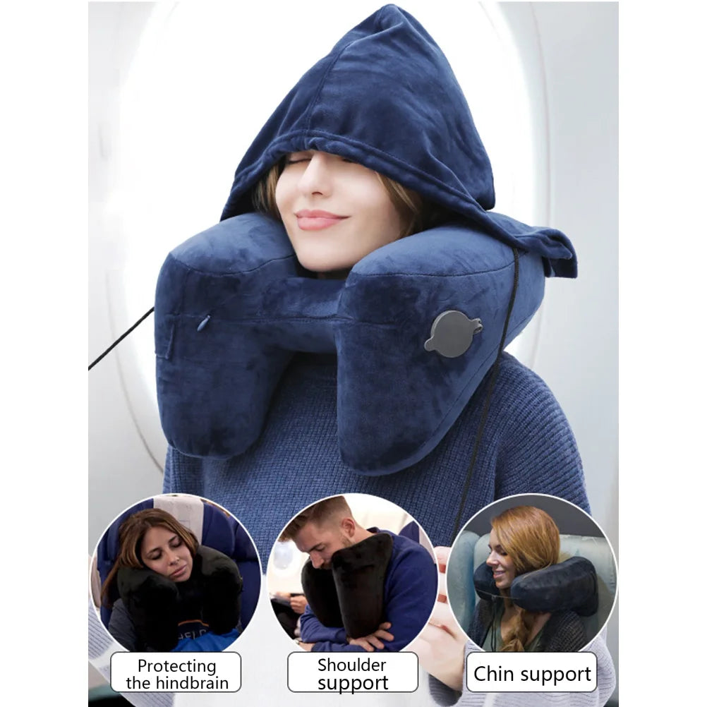 1PC Neck Pillow Travel Inflatable U-shaped Pillow H Hooded Aviation Neck Pillow with a Blackout Windproof Cap Portable