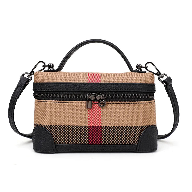 Aidrani  New women's shoulder crossbody mini bag, plaid small square bag, made of canvas and cowhide material