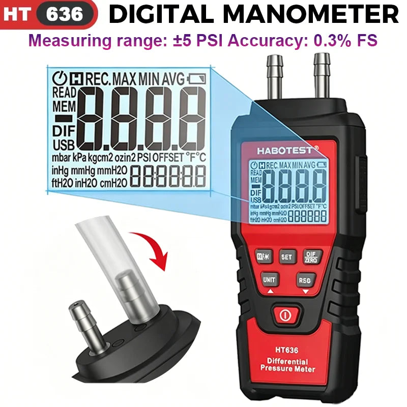HT636 Digital Manometer Pressure Gauge Meter Handheld Pressure Differential Detector Air Pressure Kit Detector Meter 12 Unit