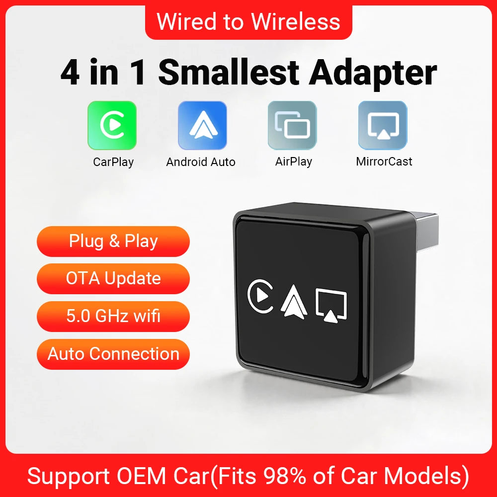 4in1 Wireless Adapter, Universal Mini CarPlay Android Auto Dongle with AirPlay MirrorCast Function for Car Entertainment
