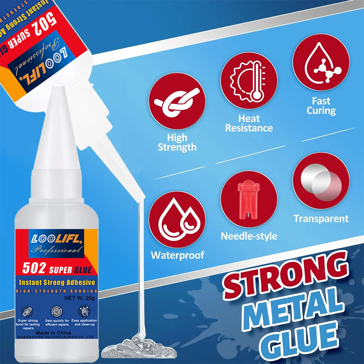 Loolifl,502, Super Glue, Instant Adhesive, Universal Glue, Suitable for Metal, Ceramics, Wood, Glass (Comes with Glue Remover)