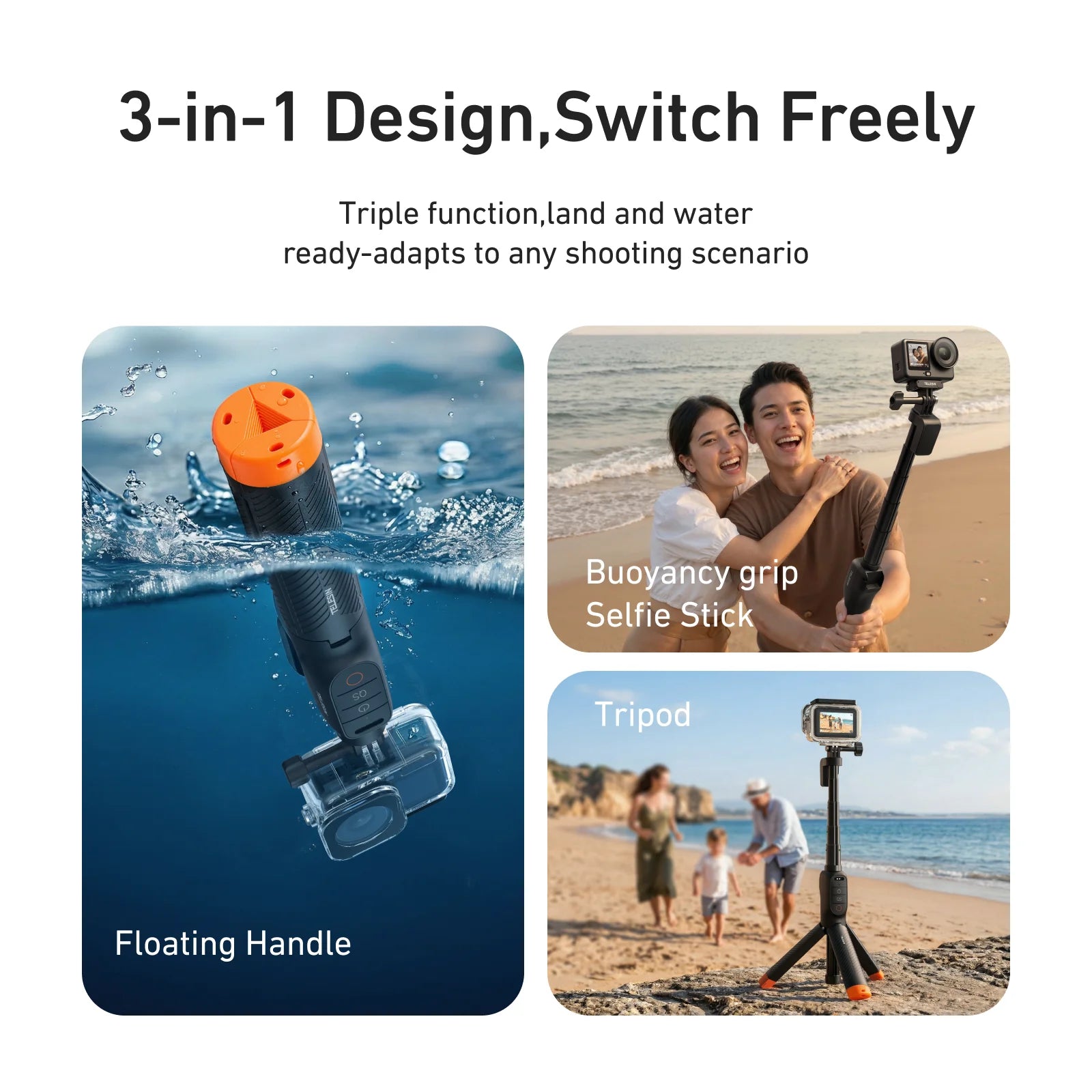 TELESIN Waterproof Bluetooth Floating Selfie Stick Tripod for DJI Osmo Action 6 5 Pro 4 15M Diving Stick 3-in-1 Hand Grip Tripod