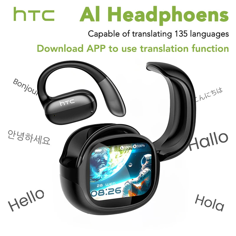 HTC NE58 Wireless Earphones Bluetooth LED Touch Screen AI Translate Earbuds HiFi Sound HD Call Headphones Bone Conduction