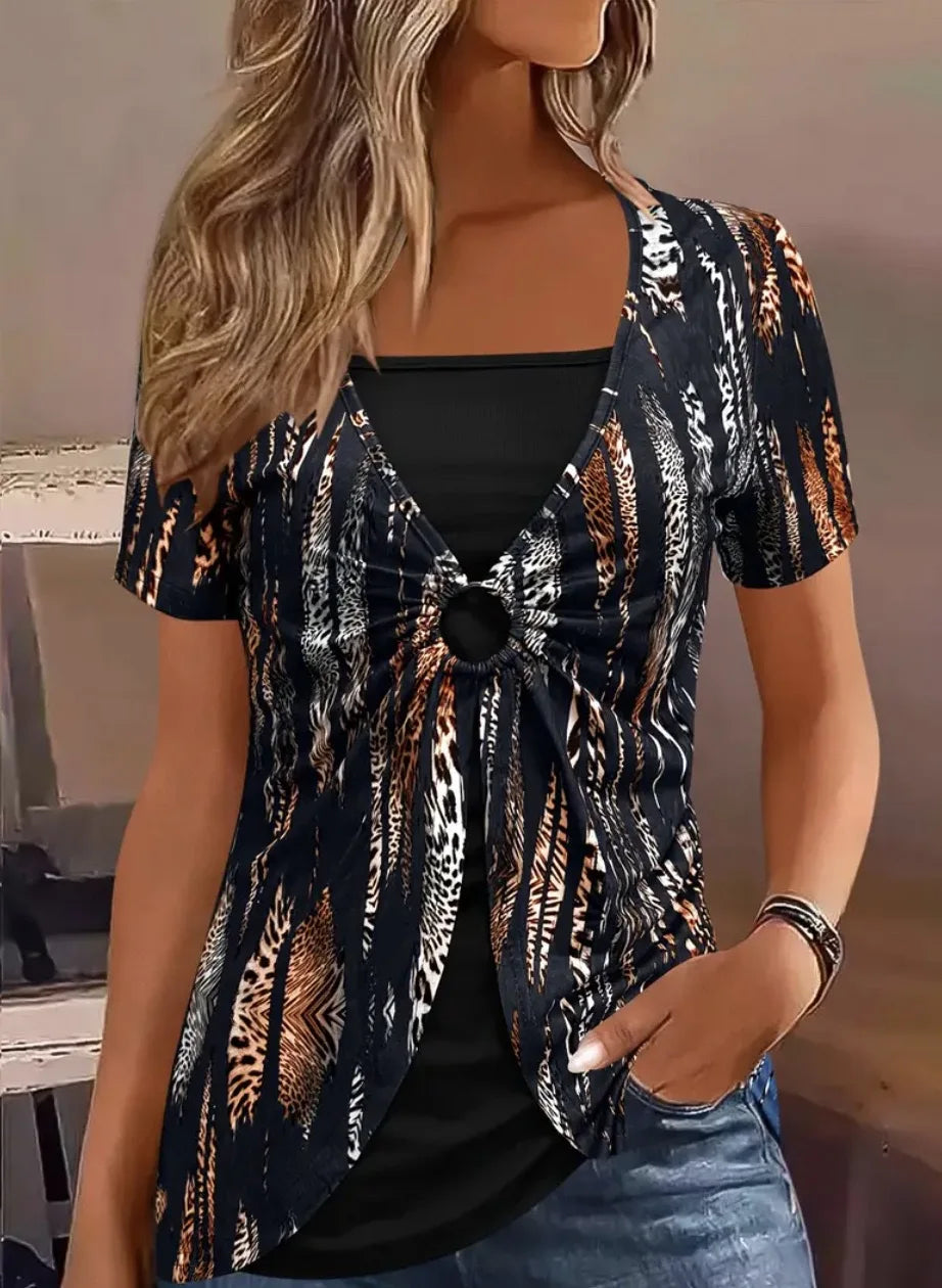 Retro Ethnic Style Short Sleeve T-Shirt Women's Summer New Fake Two-Piece Leopard Print Tops Plus Size Fashion Clothing 5XL 2025