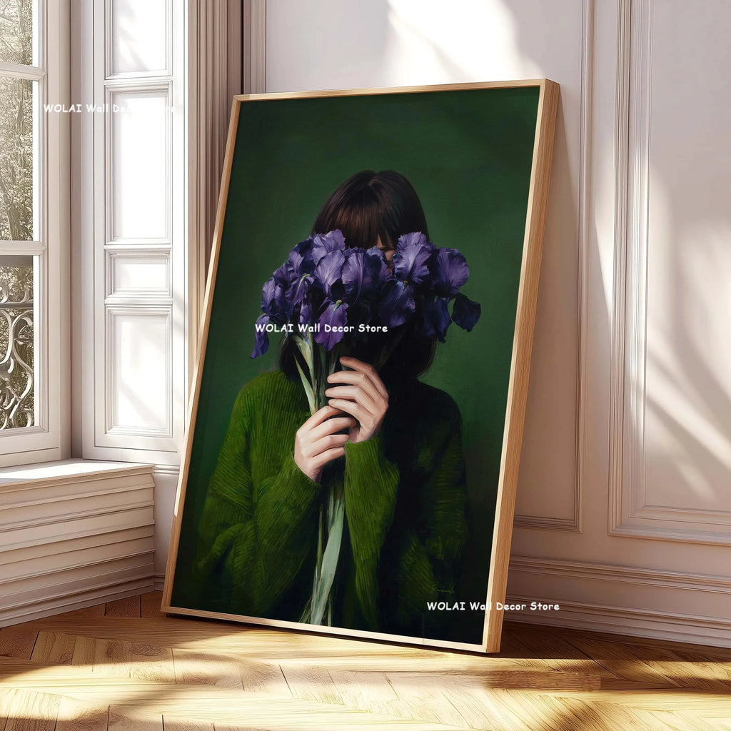 Green Abstract Figures Canvas Print with Flower Woman Minimalist Japandi Female Portrait Art Poster for Modern Living Room Decor