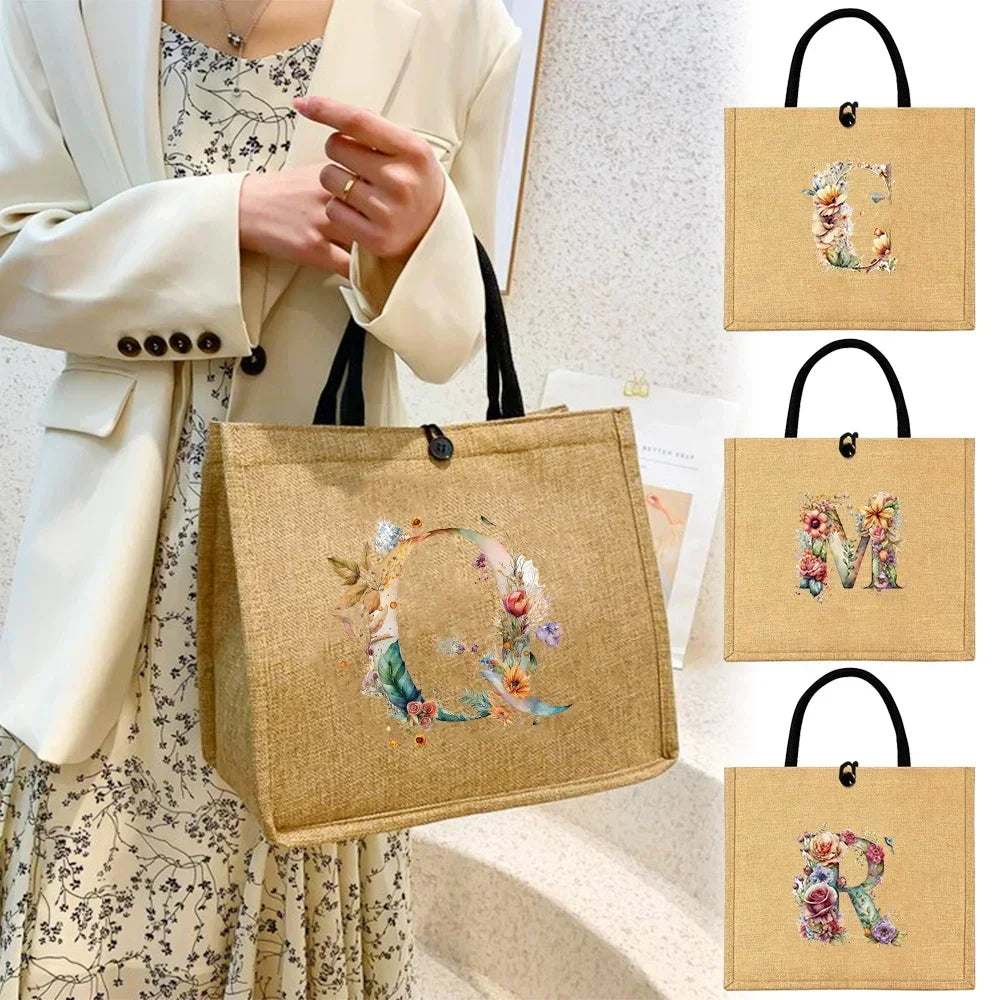 Flax Bag Fastener Handbag Organizer Storage Jute Tote Bags Imitation Cotton Women Valise Portable Floral Letter Printing Series