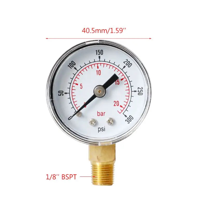 40mm Dual Scale Face Pressure Gauge 1/8" BSPT Bottom Mount 15/30/60/100/160/200/300 PSI & Bar for Air Gas Water Fuel Liquid