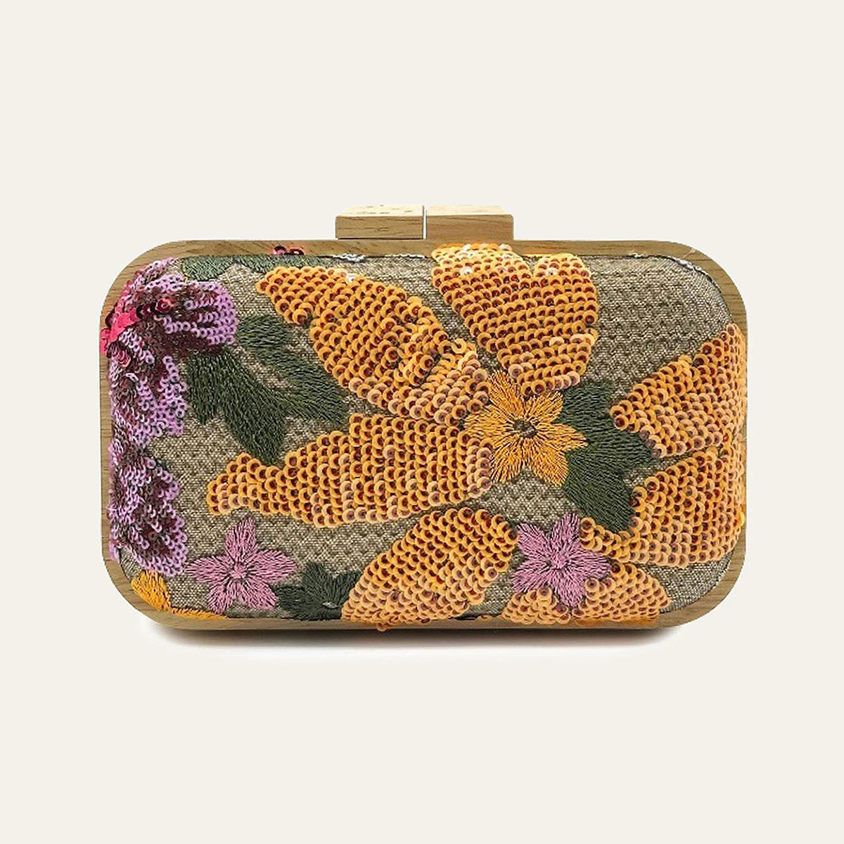 Women's Fashion Wood Kiss Lock Straw Woven Handbag Random Floral Pattern Sequined Embroidery Clutch Bag Long Chain Purse Travel
