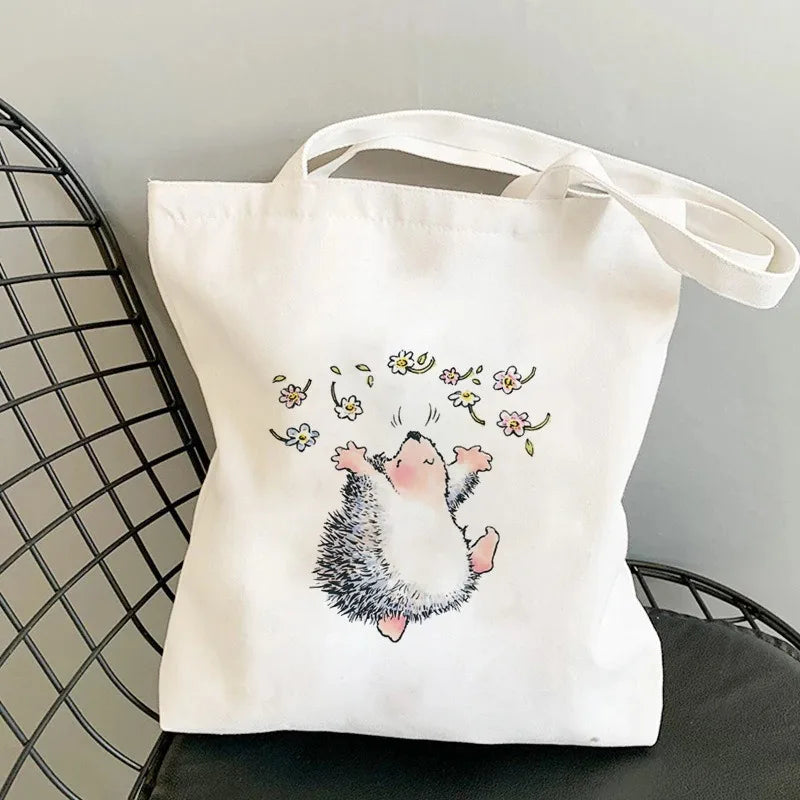Cute Hedgehog Pattern Canvas Tote Bag With Adorable Heart Mushroom Balloon DesignsStylish Versatile Shoulder Bag For Daily Use