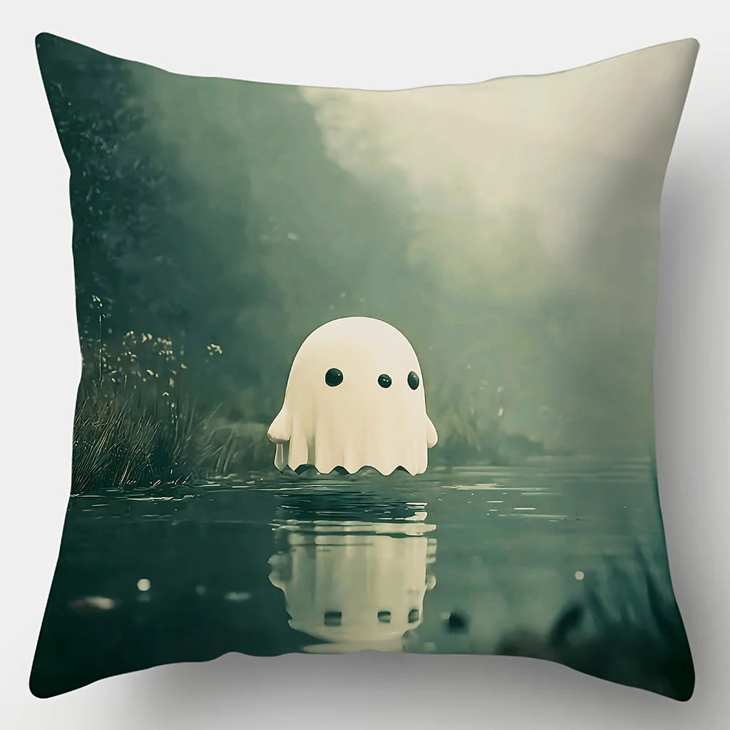 4-Piece 2D Printed Pillowcase Set – Cute Ghosts in Forest, Waterside, Swing & Tree Branch Scenes