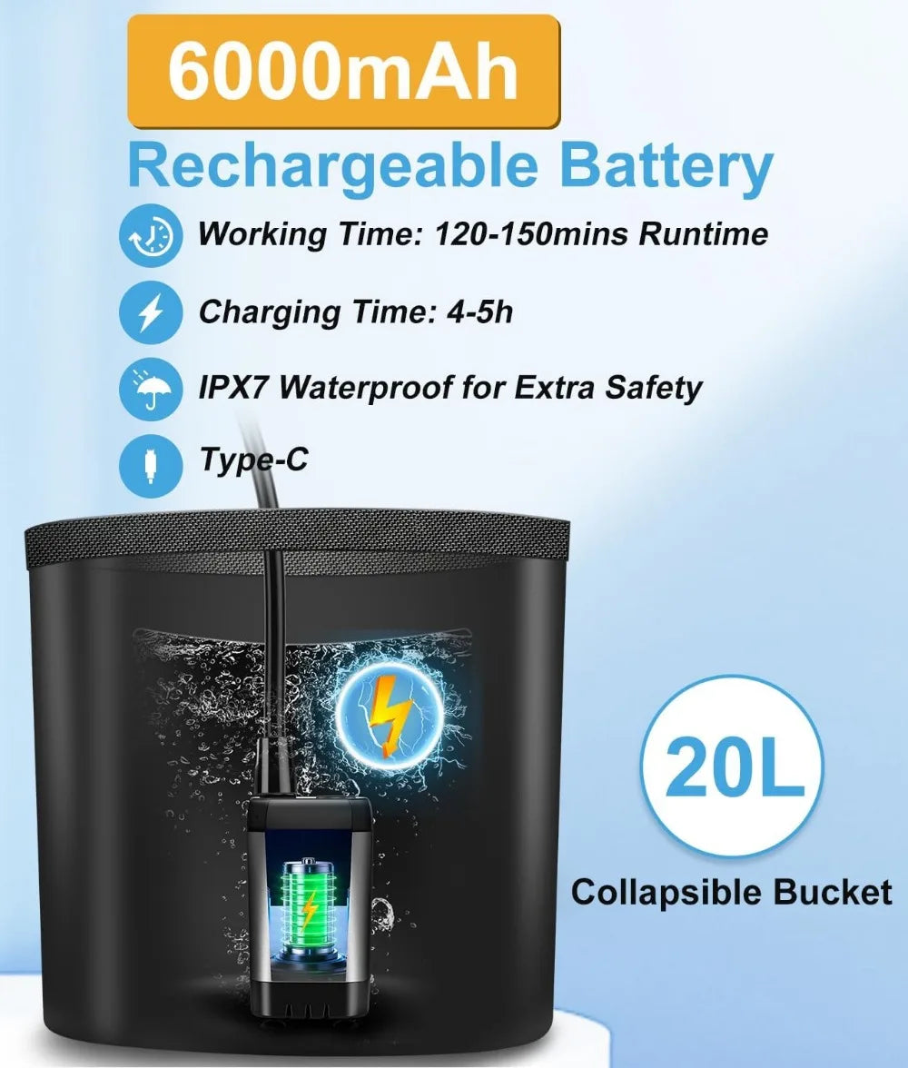 Portable Camping Shower with Rechargeable Pump - 6000mAh Outdoor Shower Kit W/ 20L Foldable Bag for Travel, Garden & Car Wash