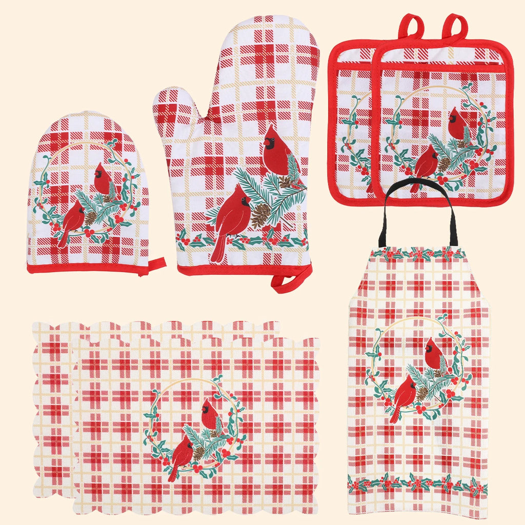 Christmas insulation seven piece set, heat-resistant oven gloves, hand clips, insulation pads, aprons, kitchen baking tools