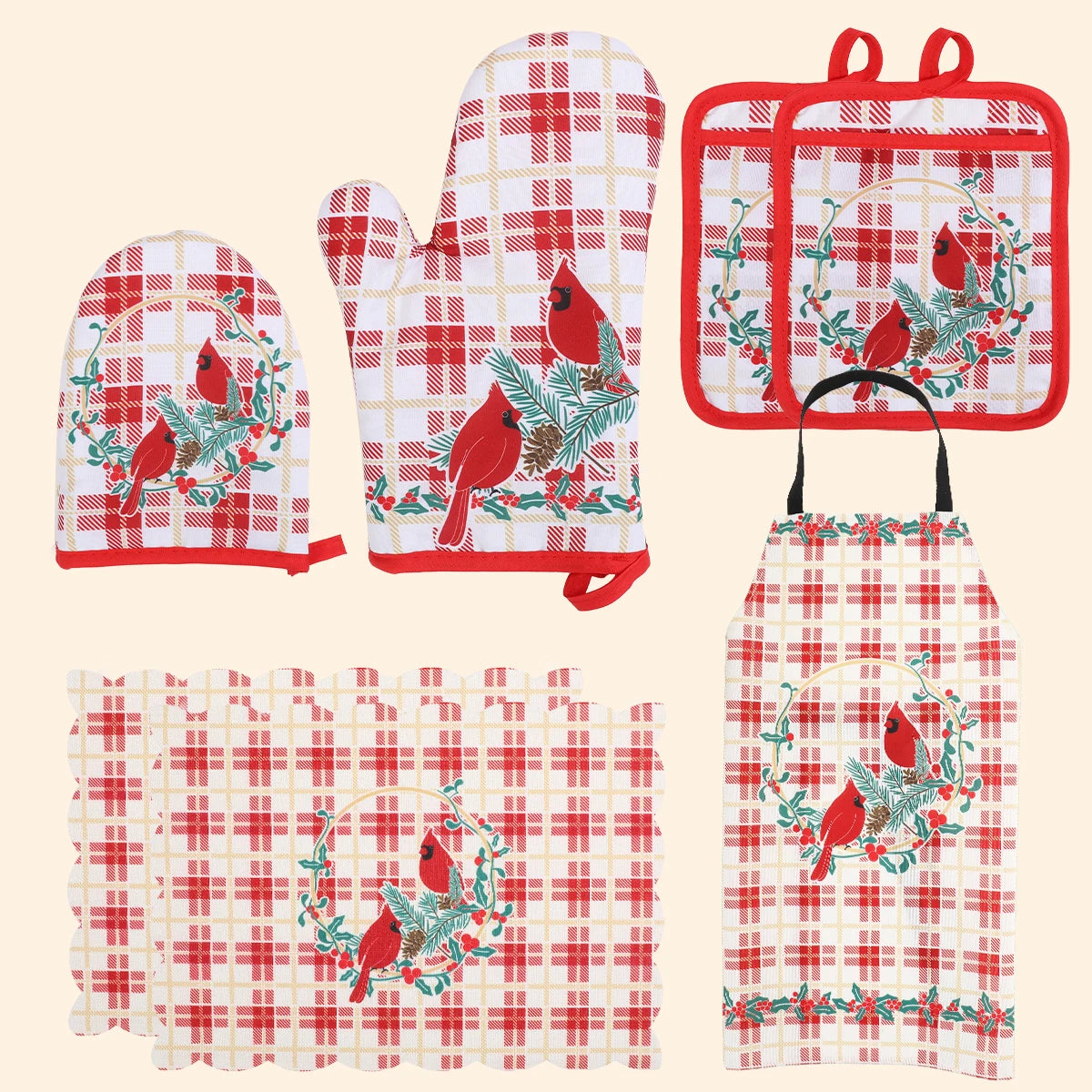 Christmas insulation seven piece set, heat-resistant oven gloves, hand clips, insulation pads, aprons, kitchen baking tools