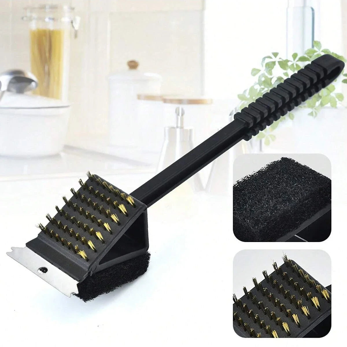 1pc-Long Handle BBQ Tool Barbecue Grill Oven Cleaning 3 in 1 CornerCopper Wire Brush for Outdoor PicnicCopper Wire Sponge Shovel