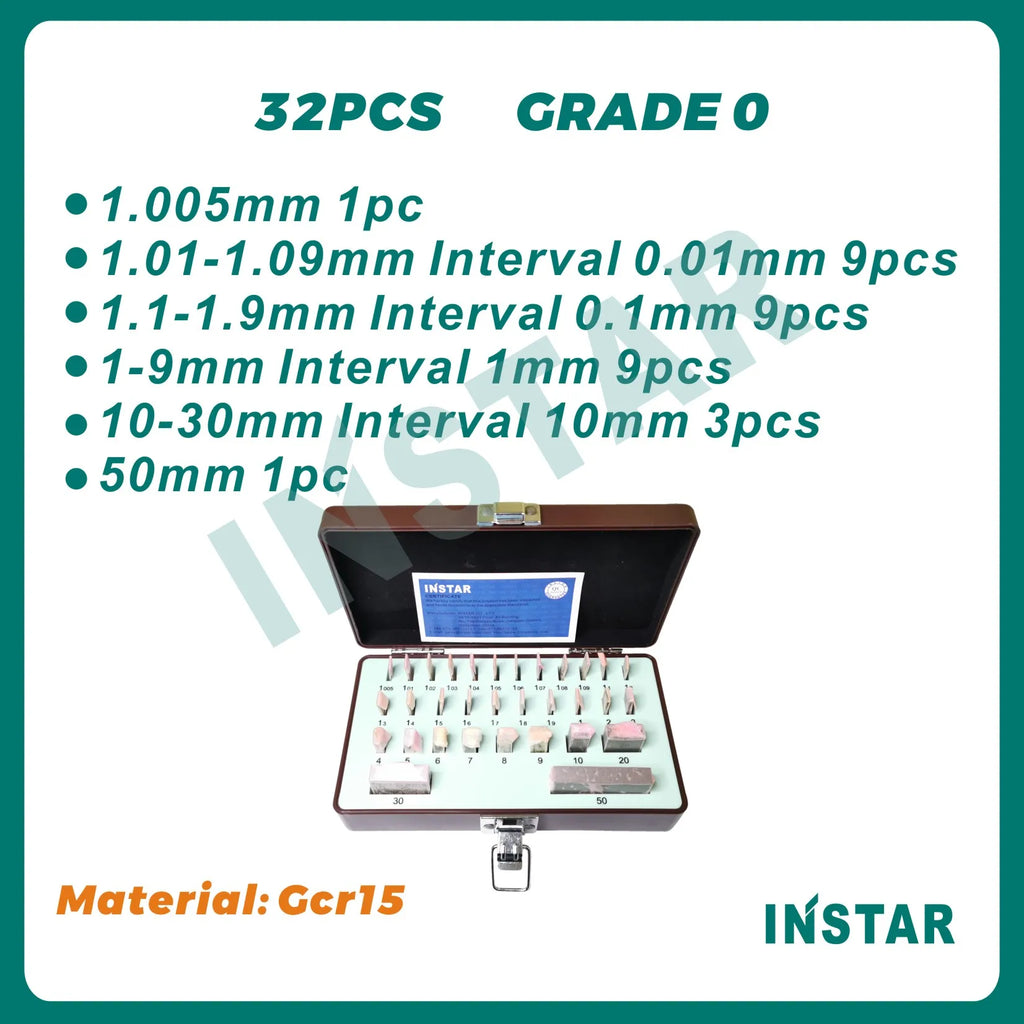 INSTAR Gage Block Set 32PC Grade 0 Medium Class Accuracy 0.00045mm Hardened Steel Gcr15 Industrial Quality 1.005mm-30-50mm