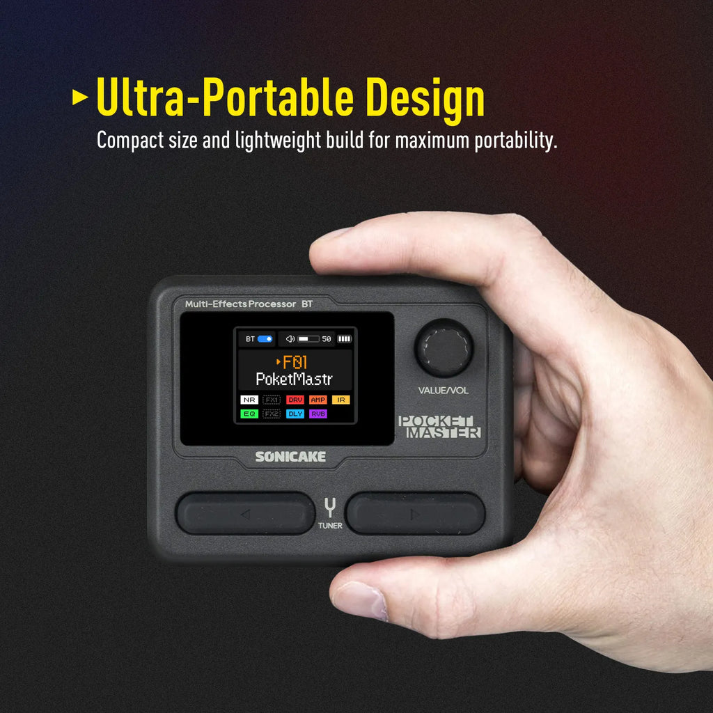 SONICAKE Pocket Master Mini Guitar Bass Amp 100+ Multi-Effects Pedal APP Control 1.77' LCD Color Screen Built-in Battery QME-10