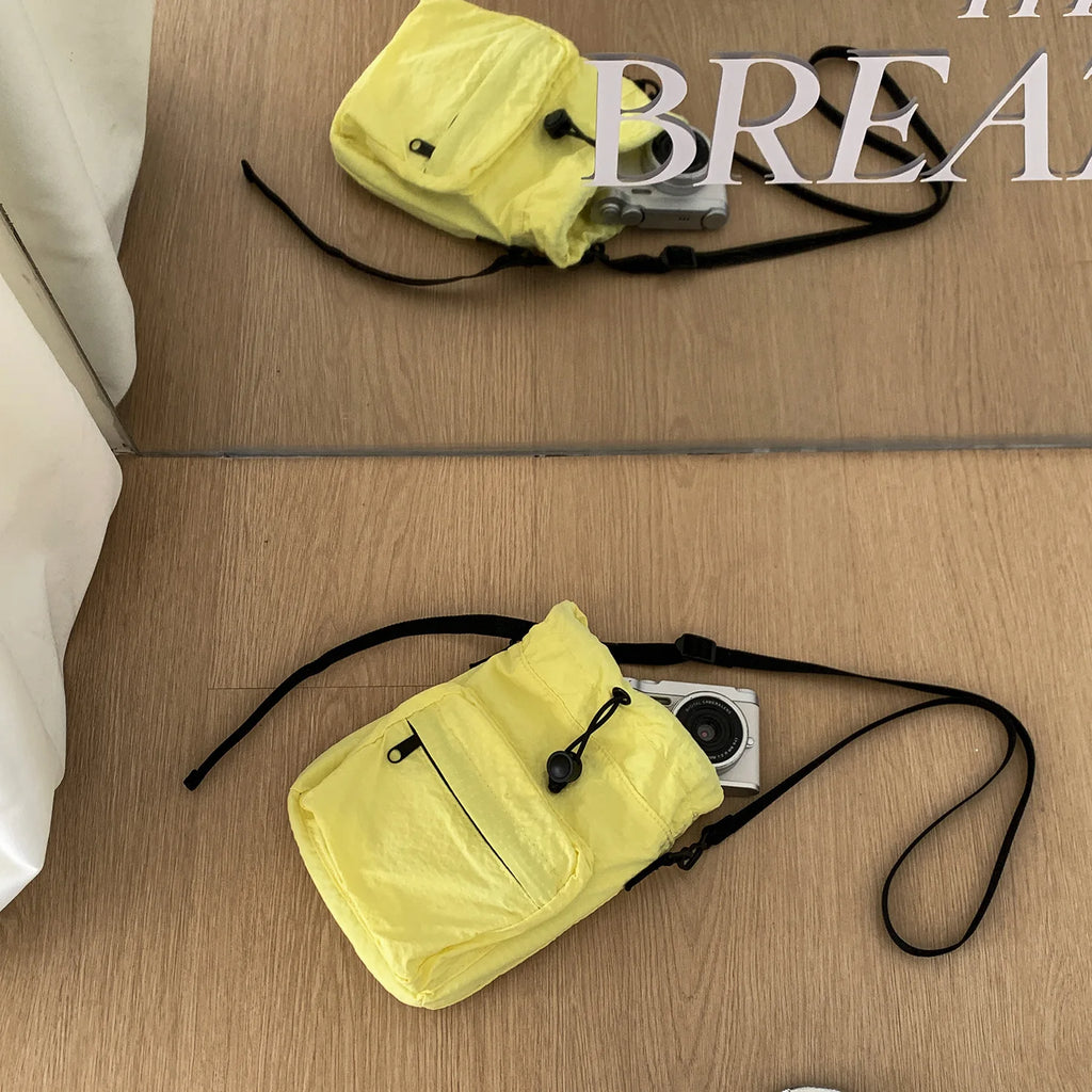 Women Fashion Summer Mini Drawstring Bag Ruched Shoulder Crossbody Small Bag Water Kettle Cup Phone Key Carry Bag