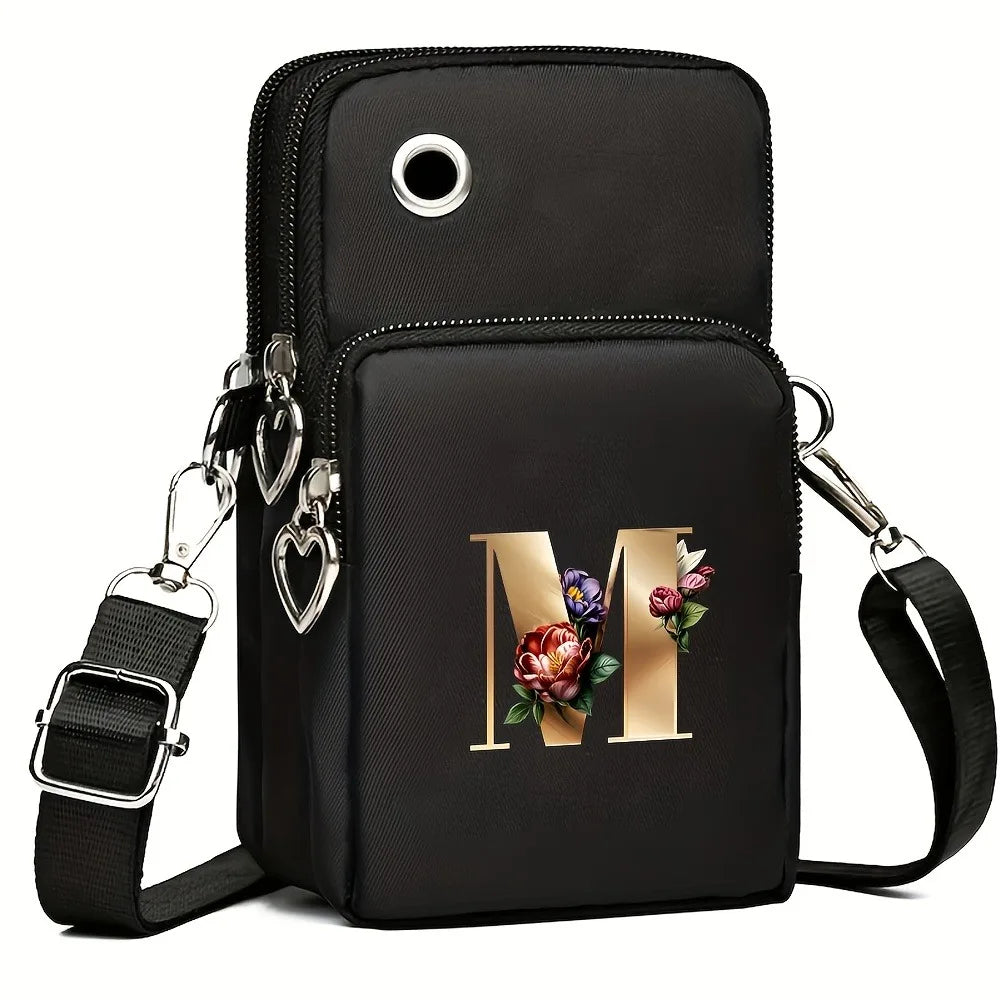 Fashion A-Z Letter Print Women's Crossbody Bag Large Capacity Three-Layer Zipper Phone Bag Daily Travel Coin Purse