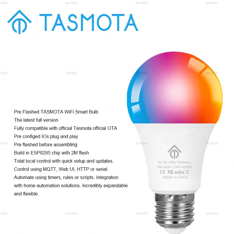 Pre Flashed TASMOTA Smart LED Bulb Colour RGBCCT Lights ESP8285 Works With Home Assistant E27 Base AC85-265V