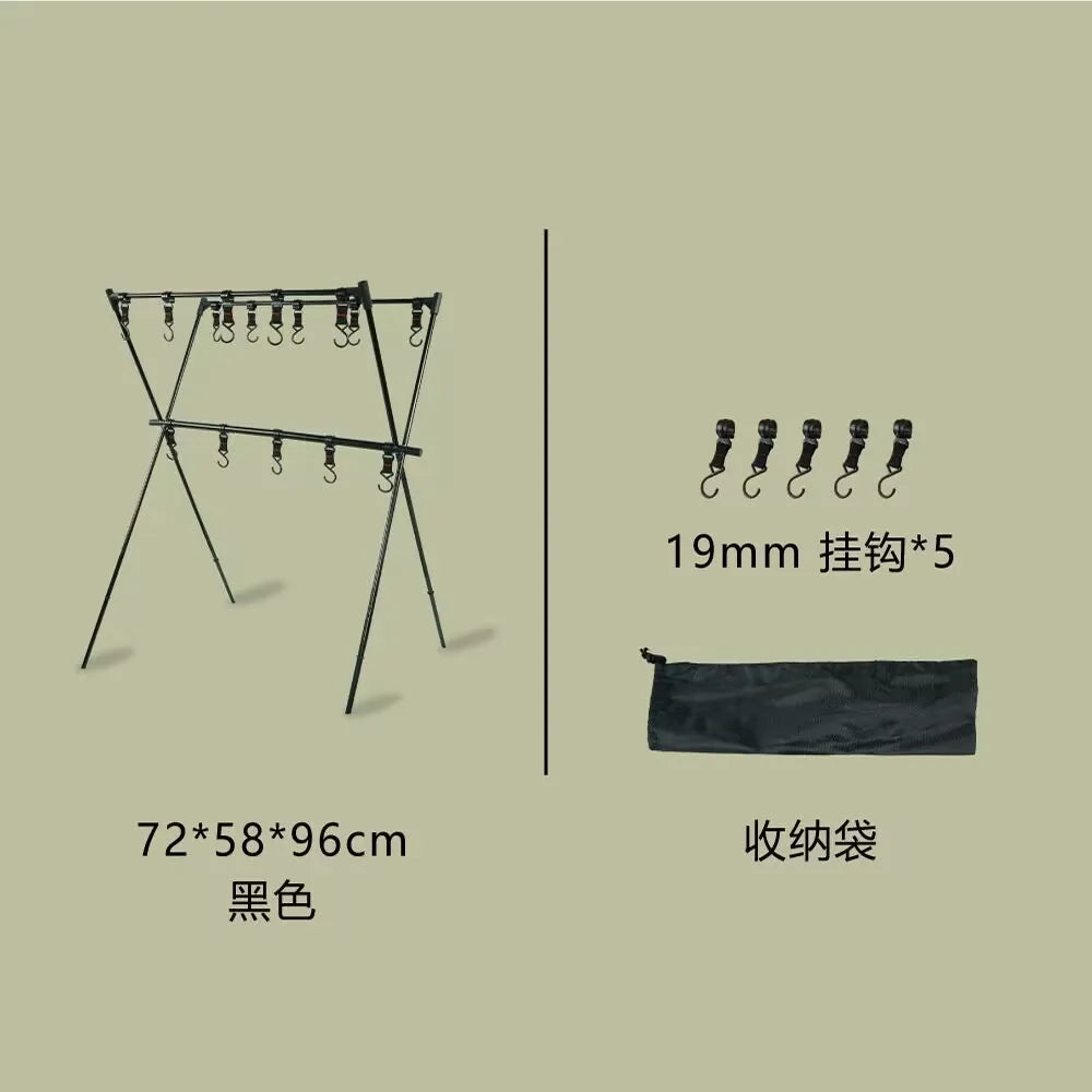 Camping Triangle Shelf Aluminum Alloy Folding Double-Layer Large Capacity with Hook Net Bag Outdoor Glamping Picnic Hanging Rack