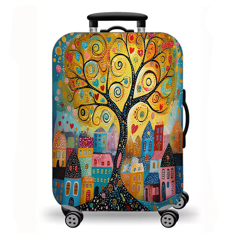 Luggage Cover, Colorful Fairy Tale Town Folk Art Print Stretch Suitcase Protector, Washable Anti-Scratch Travel Baggage Cover