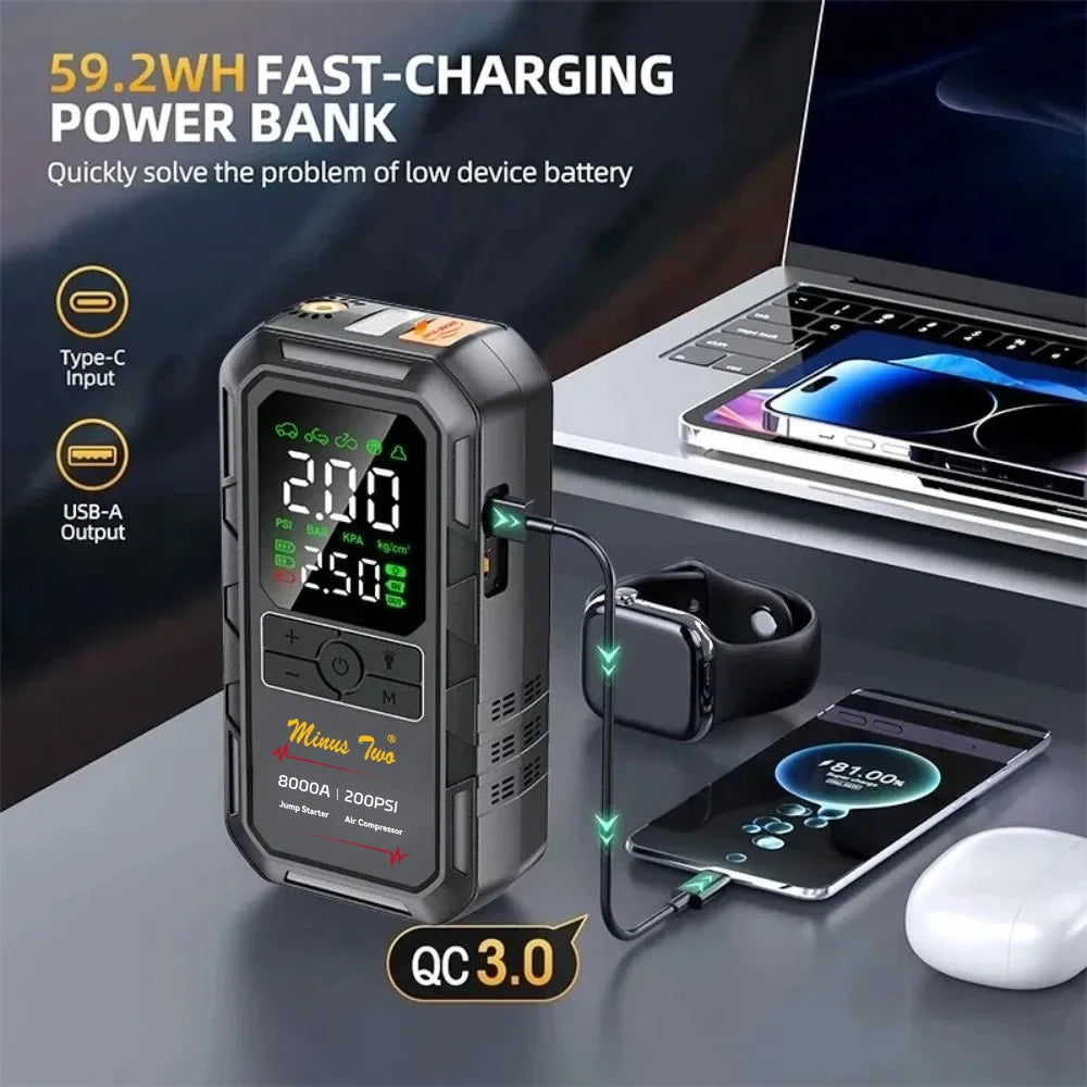 2026 Upgrade 4 In1  with Air Pump 8000 Starter Box 200PSI Digital Inflator Car Fast Connect Universal