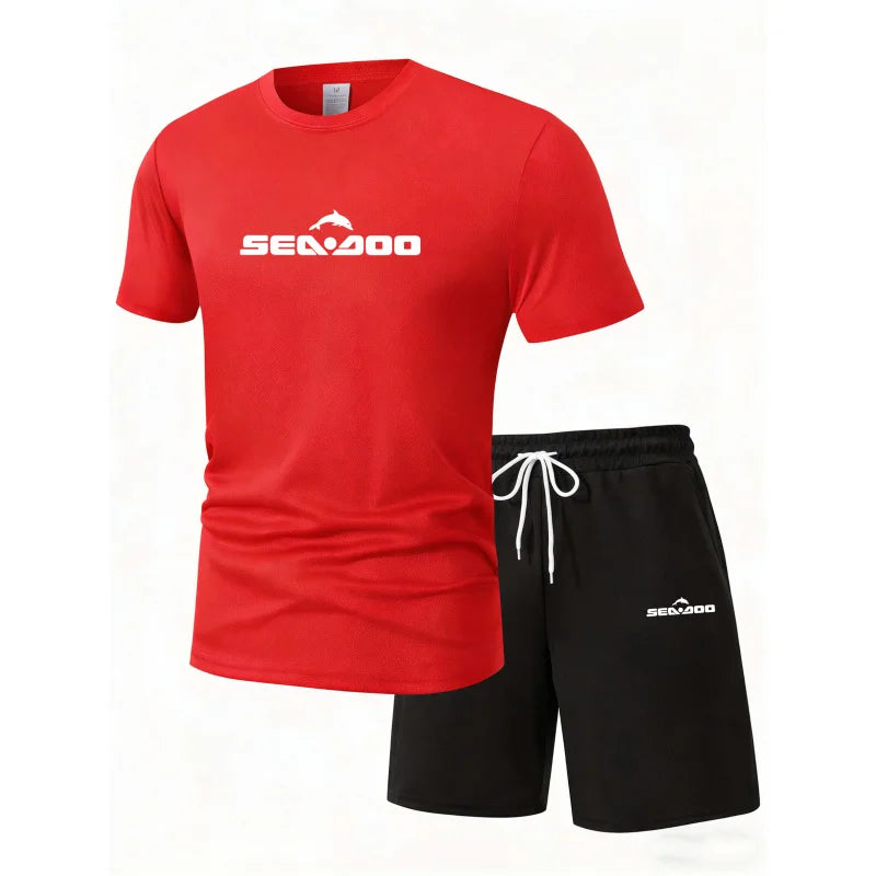 Sea Doo Seadoo Moto Printed Men's Running T-Shirt And Shorts Set Casual Elastic round Neck Sports Suit Quick Dry Comfortable