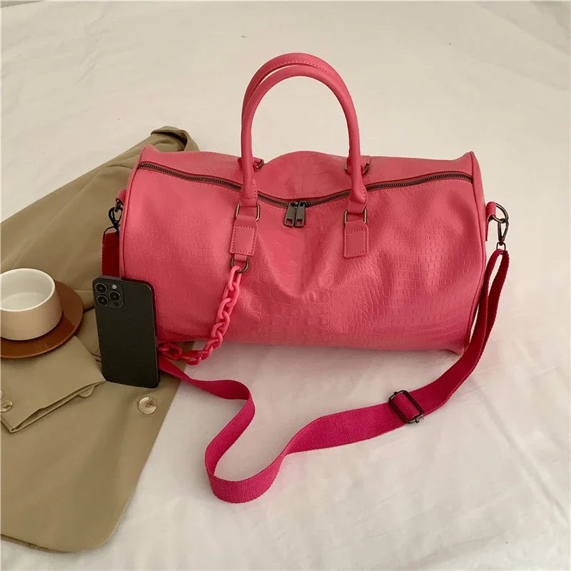 Solid PU Lightweight Large Capacity Women's Travel Bags Fashionable Sweet Fitness Handbag Short Distance Shoulder Luggage Bag