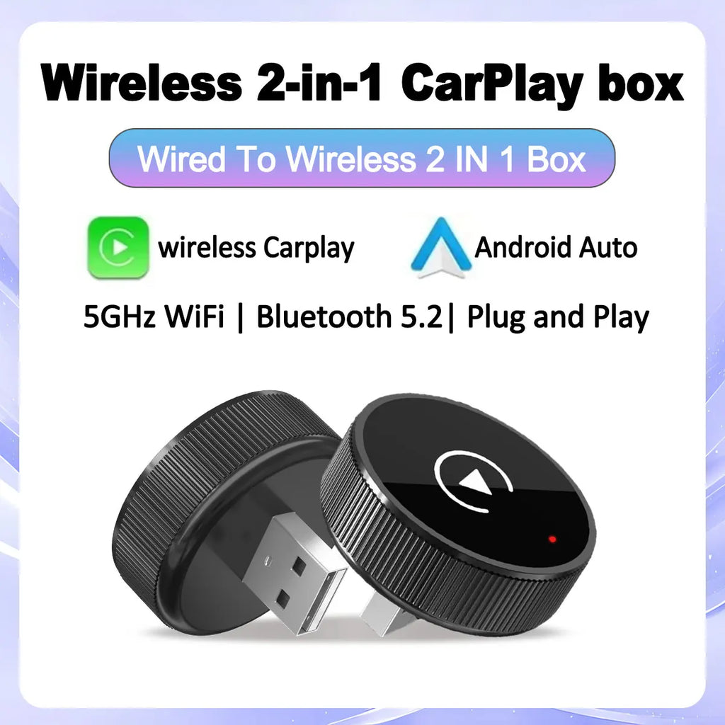 2 in 1 Wireless CarPlay Android Auto Adapter Smart USB Auto Connect Plug & Play for iPhone and Android Factory Wired Cars