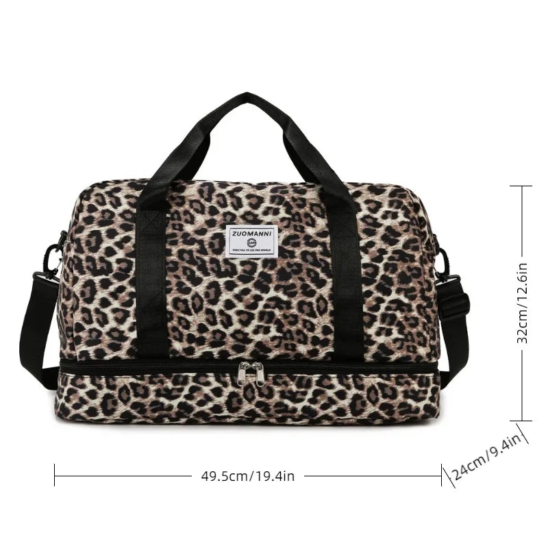 Leopard Print Carry On Travel Bag, Large Capacity Gym Bag With Independent Shoe Compartment, Weekend Overnight Duffel Bag