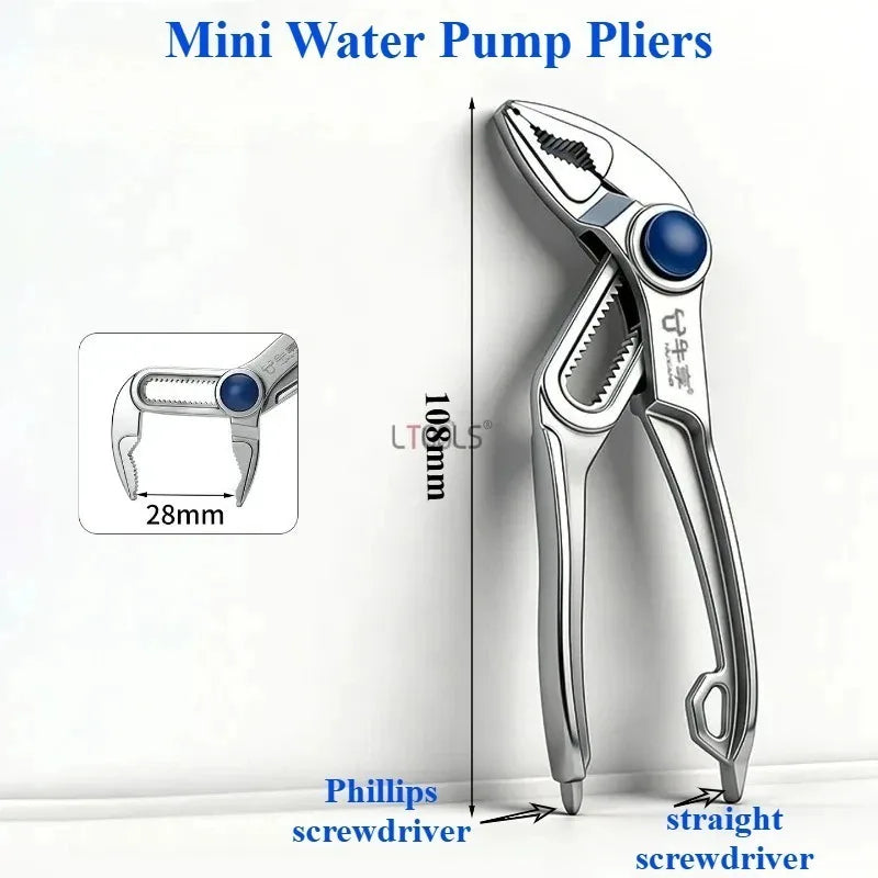 4 Inch Multifunctional Water Pump Pliers Portable Thickened Quick Adjustable Mini Pipe Pliers with Screwdriver Tip Nut Removal