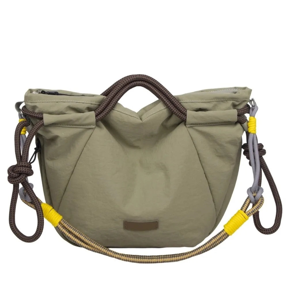 Retro Contrast Color Drawstring Shoulder Bag Webbing Large Capacity Tote Bag Multi-pocket Korean Style Handbag Date