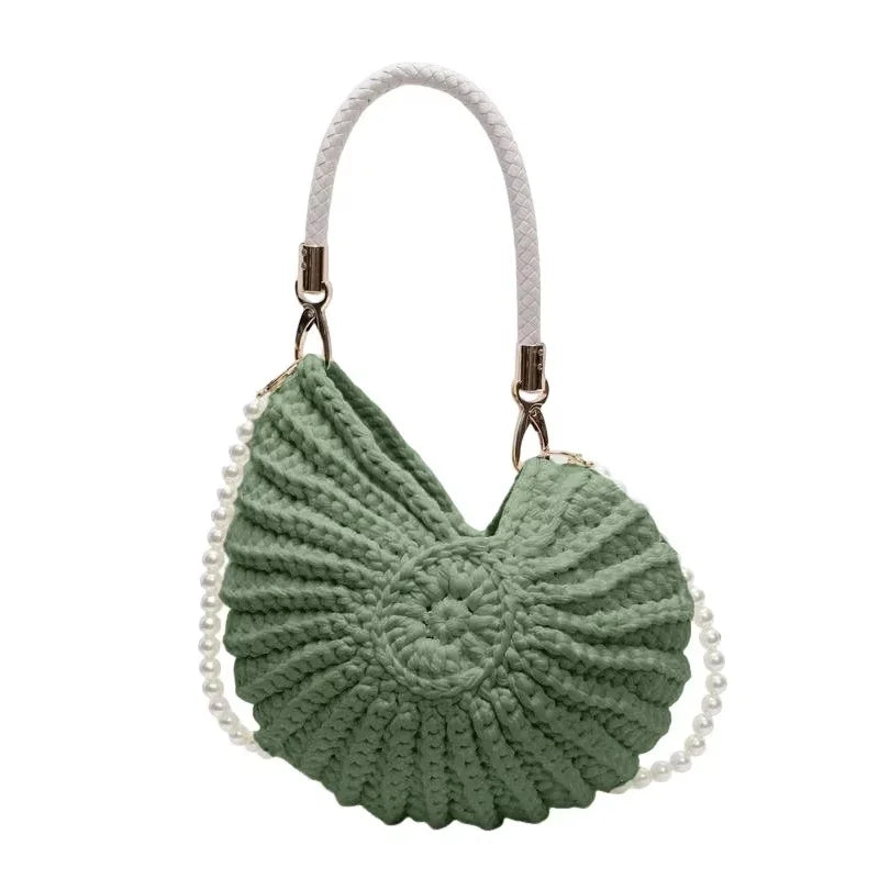 Creative Candy Color Conch Bag For Women Crochet Shoulder Bags Funny Cute Pearls Chains Handmade Weave Crossbody Hobo Shell Bag