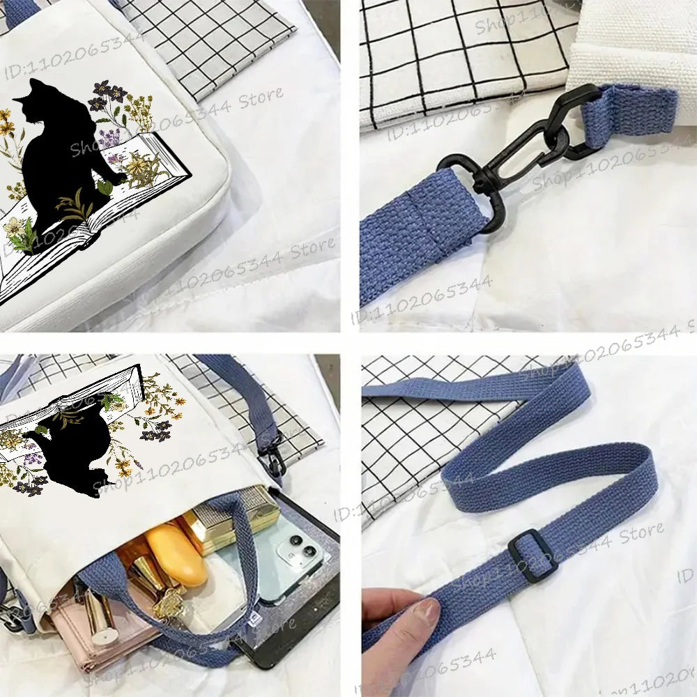 Wild Flower Book and Cat Print Canvas Handbag For Women Multi-Functional Lightweight Crossbody Bag Animal Bookworm Shoulder Bag