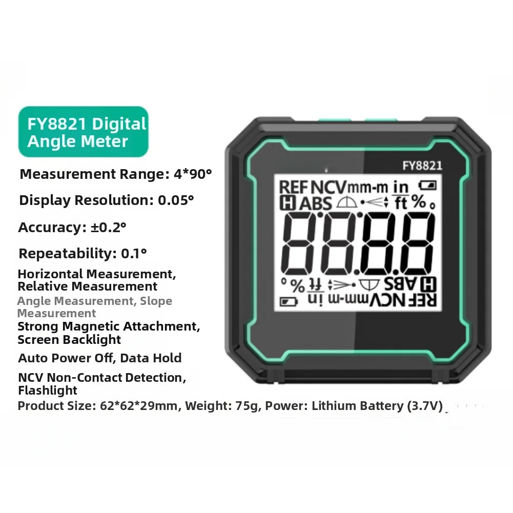 FY8821/FY8822 High Accuracy Digital Angle Finder With Level Magnetic Slope Meter With A Lithium Battery And Type-C Charging