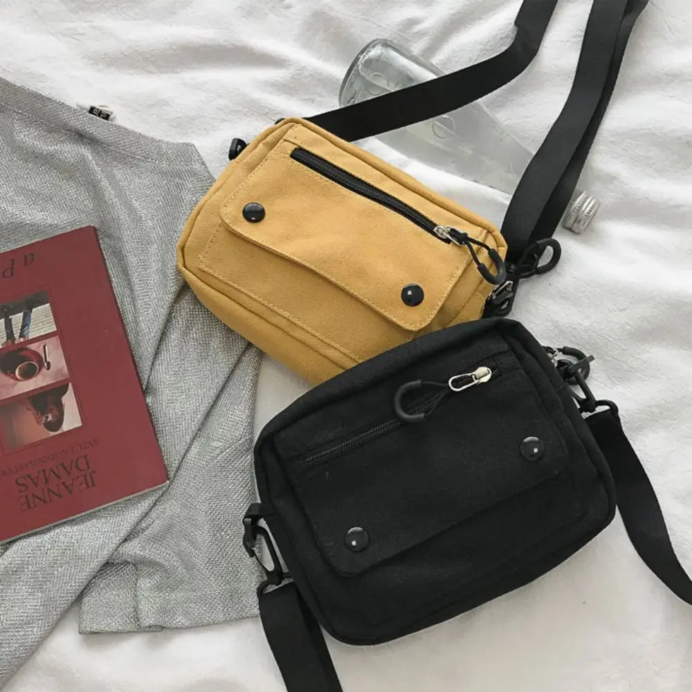 Korean Pure Color Canvas Shoulder Bag Zipper Canvas Mobile Phone Bag Multifunctional Casual Tote Handbag Women Men
