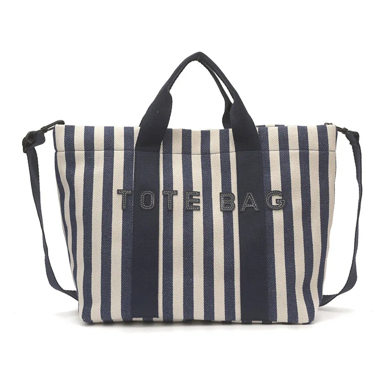 Fashion Striped Contrasting Tote Bag Large Capacity Casual Canvas Shoulder Crossbody Bag Versatile Letter Embossed Women Handbag