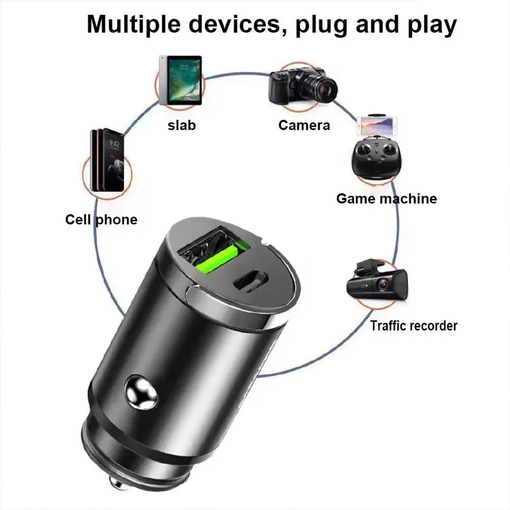 30W Car Cigarette Lighter Charger USB Type C Car Charger PD3.0 Mini Metal Dual USB Fast Charging Adapter