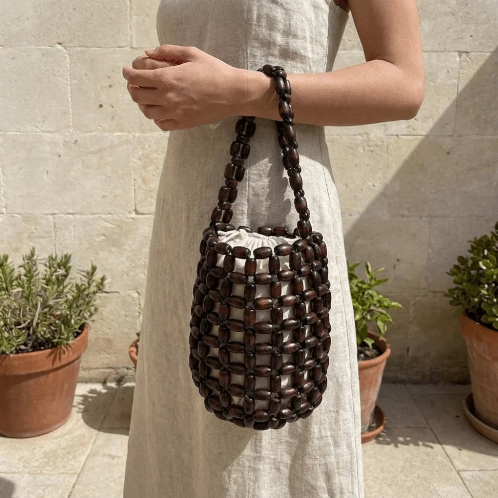 Vintage Handmade Beaded Woven Bag Solid Color Boho Hollow Bucket Bag Wrist Bag With Inner Pocket Openwork Bag Girls