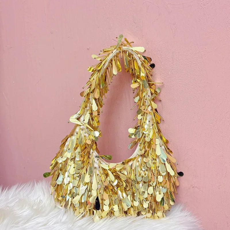 Women Round Bead Bracelet Tassel Underarm Designer Bag Shiny Rhinestone Purses