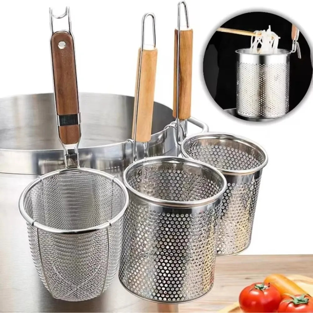 Stainless Steel Noodle Funnel Wooden Handle Multifunctional Fine Mesh Sieve Spoon Thickened Pasta Basket Strainer