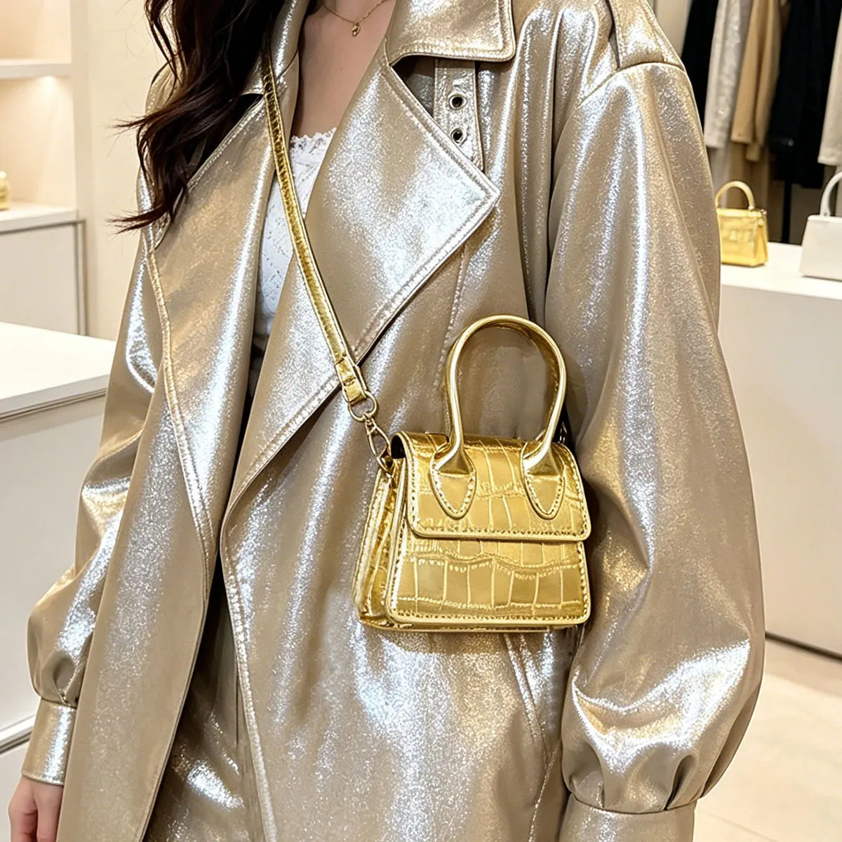 Candy Colored Stone Patterned Shiny Mini Flip Small Square Bag Shoulder Bag and Crossbody Bag Suitable for Commuting Gatherings