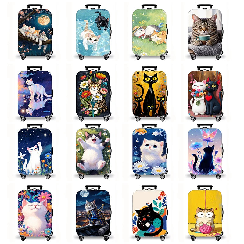 Luggage Cover, Cute Cat Kitten Floral Starry Night Print Stretch Suitcase Protector, Washable Anti-Scratch Travel Baggage Cover